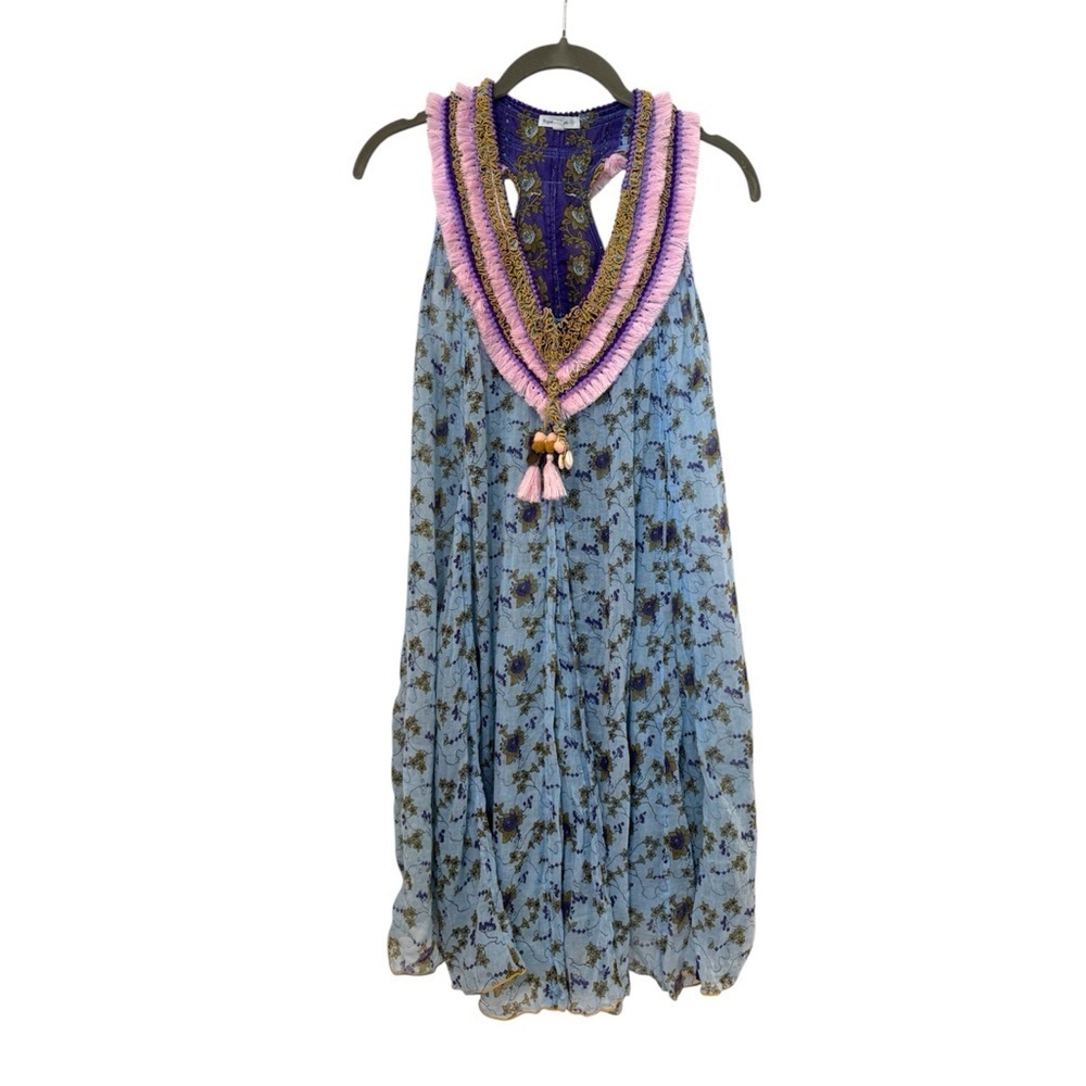 Poupette St. Barth Blue Floral Mini Dress with Pink Trim